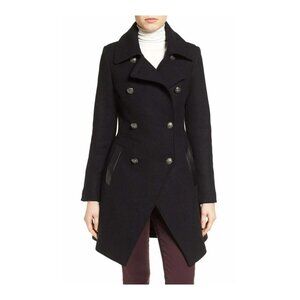 $550 Trina Turk Olivia Wool-Blend Coat LEATHER TRIMMING MILITARY BLACK CHIC 10